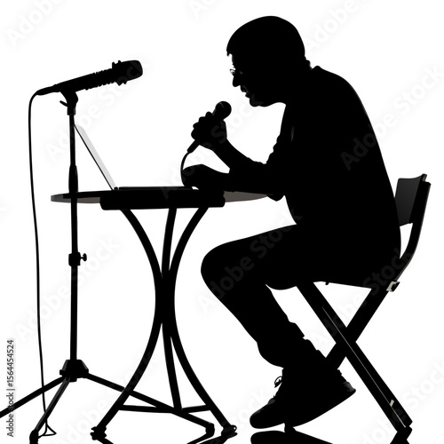Silhouette Man Podcasting Laptop Microphone Table recording