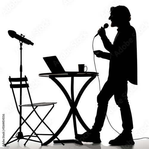 Silhouette Man Singing into Microphone at Table with Laptop