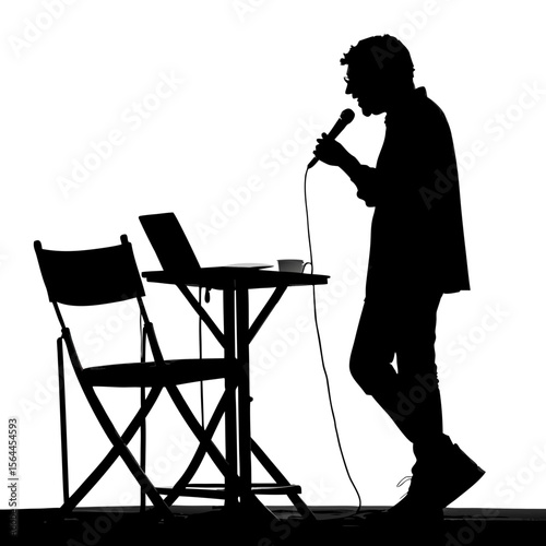 Silhouette Man Singing Microphone Laptop Table Chair