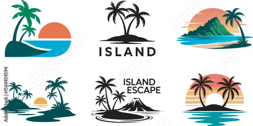 Tropical Island Silhouette Vector Set – Palm Trees, Sunset, and Beach Paradise Icons