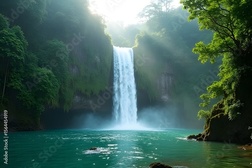 Waterfall in a lush Thai forest surrounded by nature
