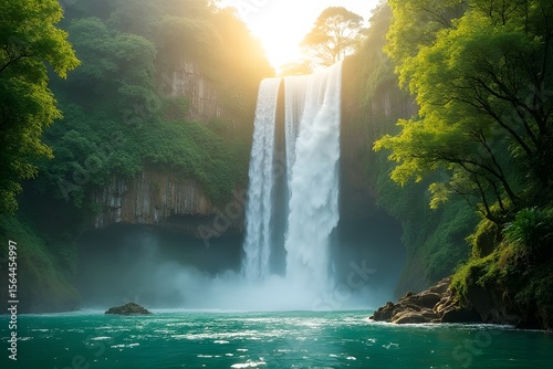 Waterfall in a lush Thai forest surrounded by nature