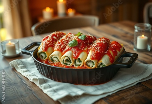 Lasagna roll-ups with ricotta and spinach in a cast-iron dish