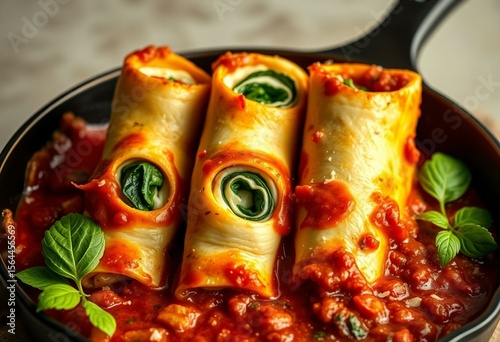 Vertical lasagna roll-ups in a cast-iron dish with creamy ricotta and spinach filling, topped with chunky tomato sauce.