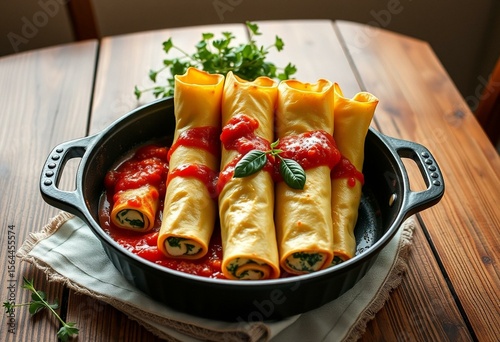 Rustic lasagna roll-ups with ricotta and spinach, chunky tomato sauce