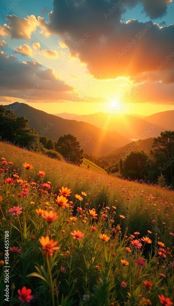 Fototapeta premium Golden Hour Sunlight Illuminates Vibrant Summer Landscape, Perfect for Travel, Nature, and Holiday Promotion