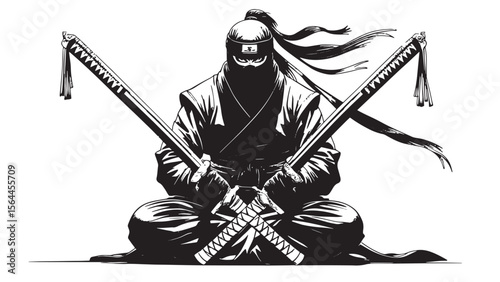 A fierce ninja warrior in traditional attire sits cross legged holding two katanas in a striking silhouette pose