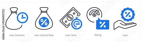 A set of 5 mix icons as loan duration, loan interest rate, loan term