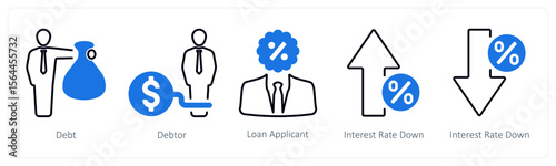 A set of 5 mix icons as debt, debtor, loan applicant