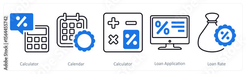 A set of 5 mix icons as calculator, calendar, loan application