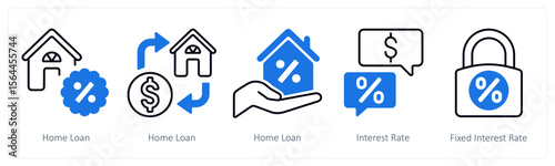 A set of 5 mix icons as home loan, interest rate, fixed interest rate