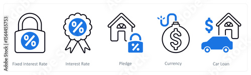A set of 5 mix icons as fixed interest rate, interest rate, pledge