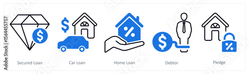 A set of 5 mix icons as secured loan, car loan, home loan