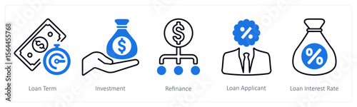 A set of 5 mix icons as loan term, investment, refinance