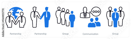 A set of 5 mix icons as partnership, group, communication