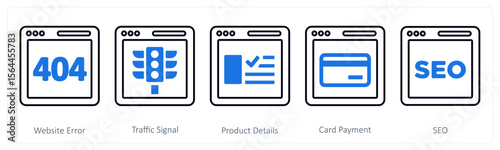 A set of 5 mix icons as website error, traffice signal , product details