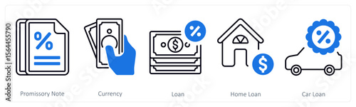 A set of 5 mix icons as promissory note, currency, loan