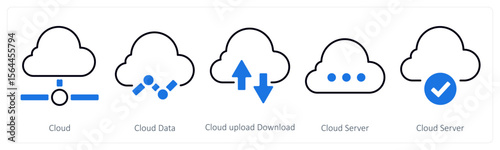 A set of 5 mix icons as cloud, cloud data, cloud upload download