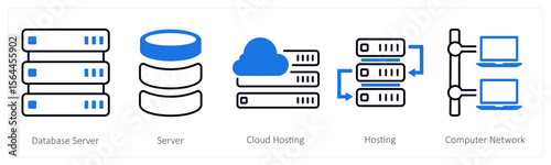A set of 5 mix icons as database server, server, cloud hosting
