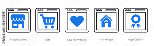 A set of 5 mix icons as shopping store, cart, favorite website