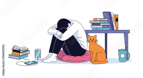Feeling overwhelmed and stressed in a messy room with books and a cat nearby