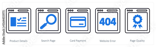 A set of 5 mix icons as product details, search page, card payment