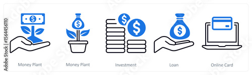 A set of 5 mix icons as money plant, investment, loan