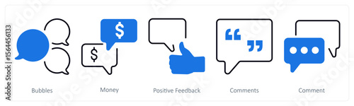A set of 5 mix icons as bubbles, money, positive feedback