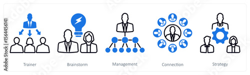 A set of 5 mix icons as trainer, brainstorm, management