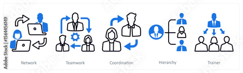 A set of 5 mix icons as network, teamwork, coordination