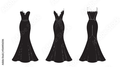 Three elegant black evening gown silhouettes with fishtail hems and strapless necklines silhouette