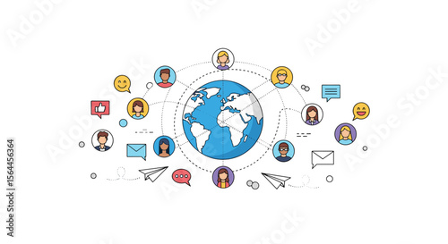 Global Network of Connected People and Communication Platforms Representing Social Media and Digital Interaction Across the Planet