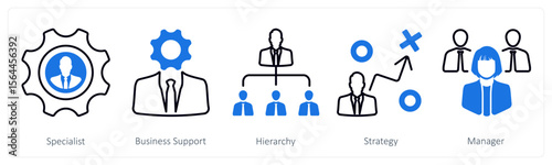 A set of 5 mix icons as specialist, business support, hierarchy
