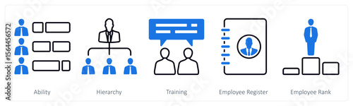A set of 5 mix icons as ability, hierarchy, training