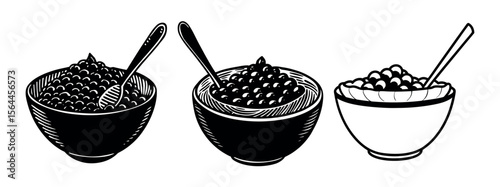 Black Silhouette of Acai Bowl with Spoon. Minimal Smooth Vector Design
