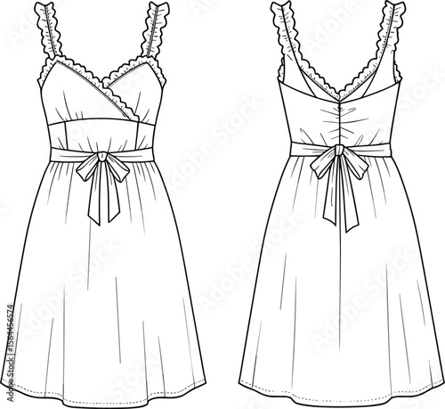 Ruffle strap mini dress with bow belt, V-neckline and gathered waist, fashion cad flat sketch, front and back view