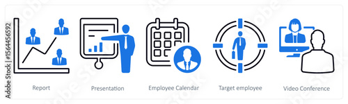 A set of 5 mix icons as report, presentation, employee calendar