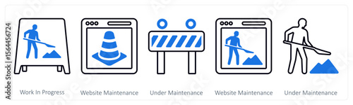 A set of 5 mix icons as work in progress, website maintenance, under maintenance