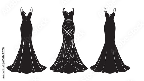 Three elegant black evening gowns with spaghetti straps and fishtail silhouette