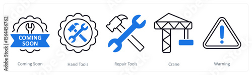 A set of 5 mix icons as coming soon, hand tools, repair tools