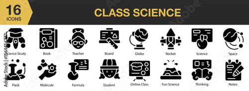 Class Science solid icon set. Includes classroom, teacher, university, knowledge, training, and More. Solid icons vector collection.
