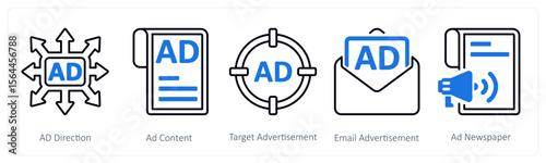 A set of 5 mix icons as ad direction, ad content, target advertisement