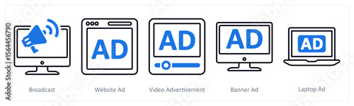 A set of 5 mix icons as broadcast, website ad, video advertisement 