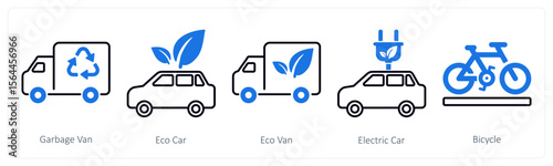A set of 5 mix icons as garbage van, eco van, eco car