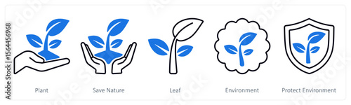 A set of 5 mix icons as plant, save nature, leaf