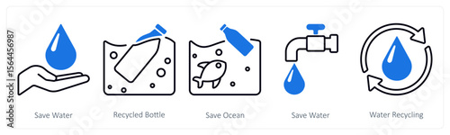 A set of 5 mix icons as save water, recycled bottle, save ocean