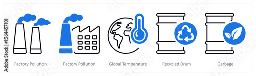 A set of 5 mix icons as factory pollution, global temperature, recycle bttery