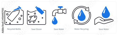 A set of 5 mix icons as recycle bottle, save ocean, save water