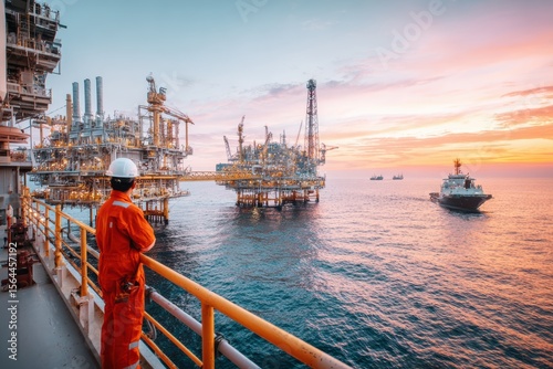 Worker in Safety Gear Observing Offshore Oil and Gas Rig Operations During Sunset Over Calm Waters with Colorful Skies and Industrial Landscape in Background