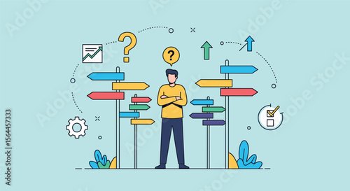 Person Standing at a Crossroads of Many Directions Signposts Considering Multiple Paths Forward Decision Making Concept